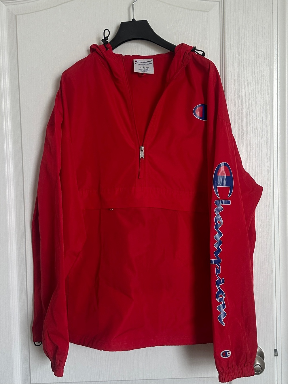 Champion Red Hooded Pullover with Sleeve Script